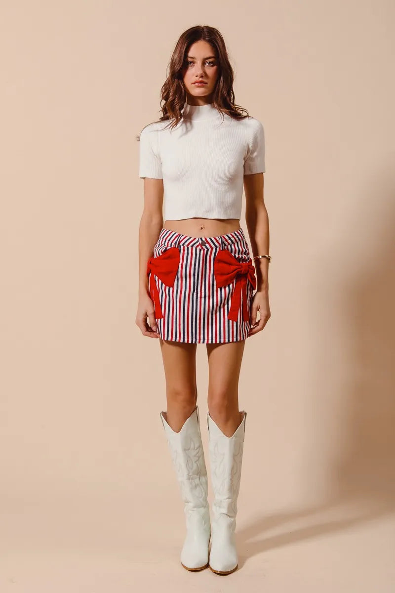 SO ME Contrast Bow Knot Pocket Fourth Of July Denim Skirt - Fashorio
