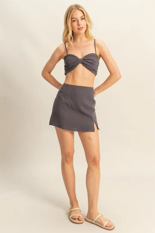 HYFVE Ruched Bra Top and Mini Skirt Set CHARCOAL - Fashorio