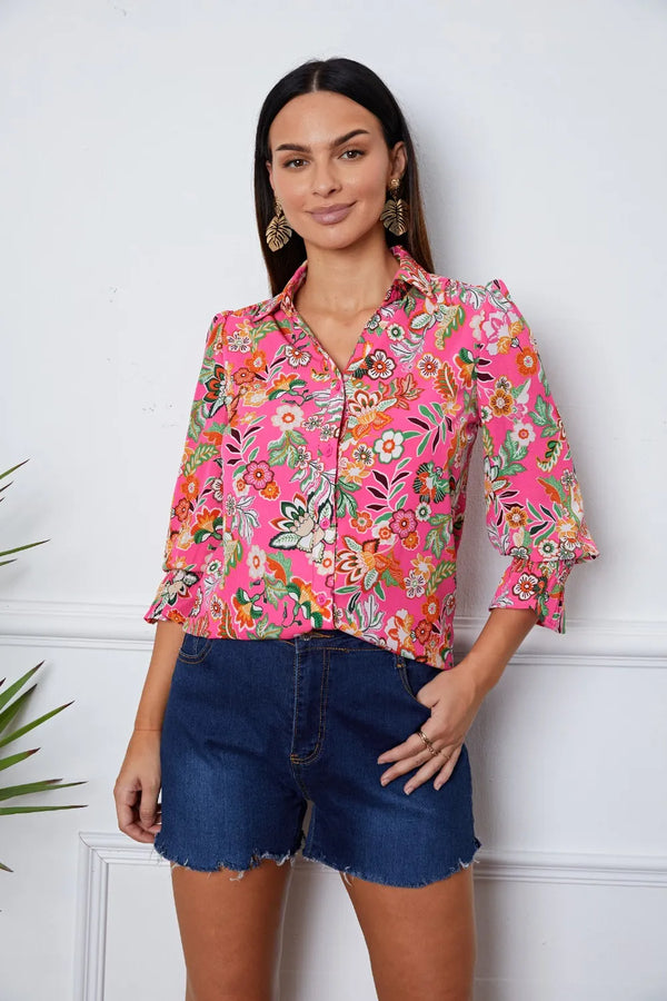 Floral Button Up Flounce Sleeve Shirt Deep Red - Fashorio
