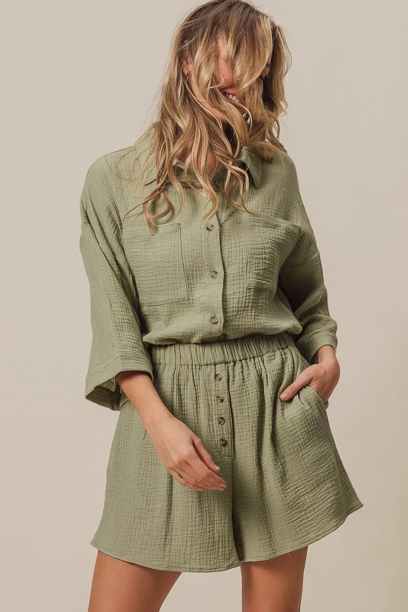 BiBi Crinkle Gauze Shirt and Short Set - Fashorio