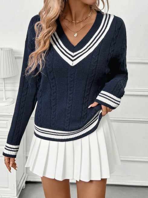 Contrast Striped V-Neck Sweater - Fashorio