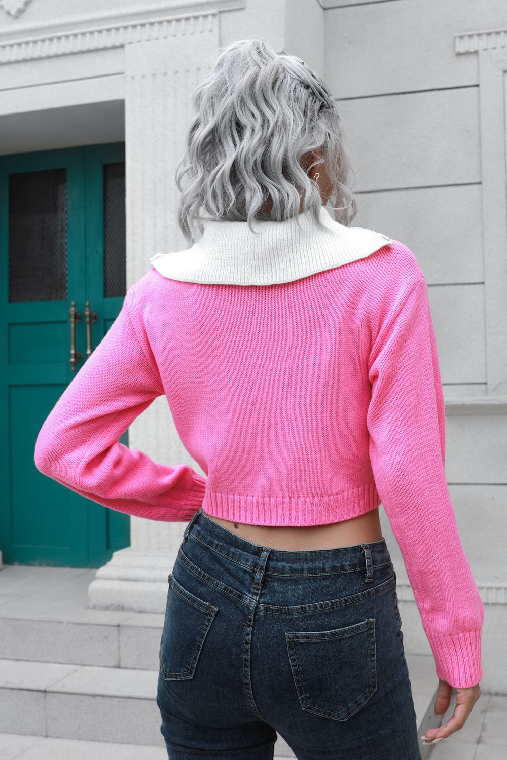 Contrast Collared Cropped Sweater - Fashorio