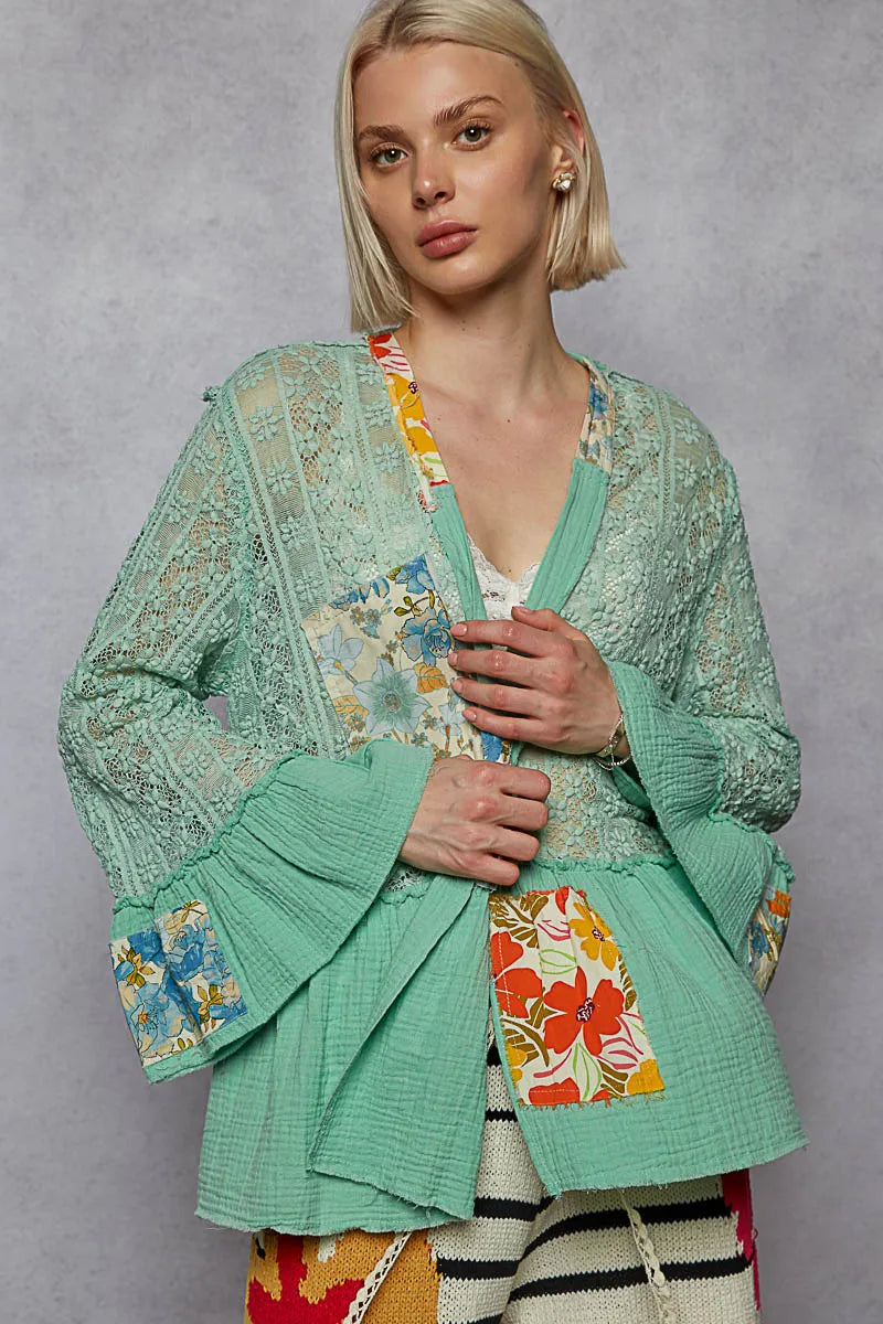 POL Lace Ruffled Hem Open Front Cardigan MINT GREEN - Fashorio