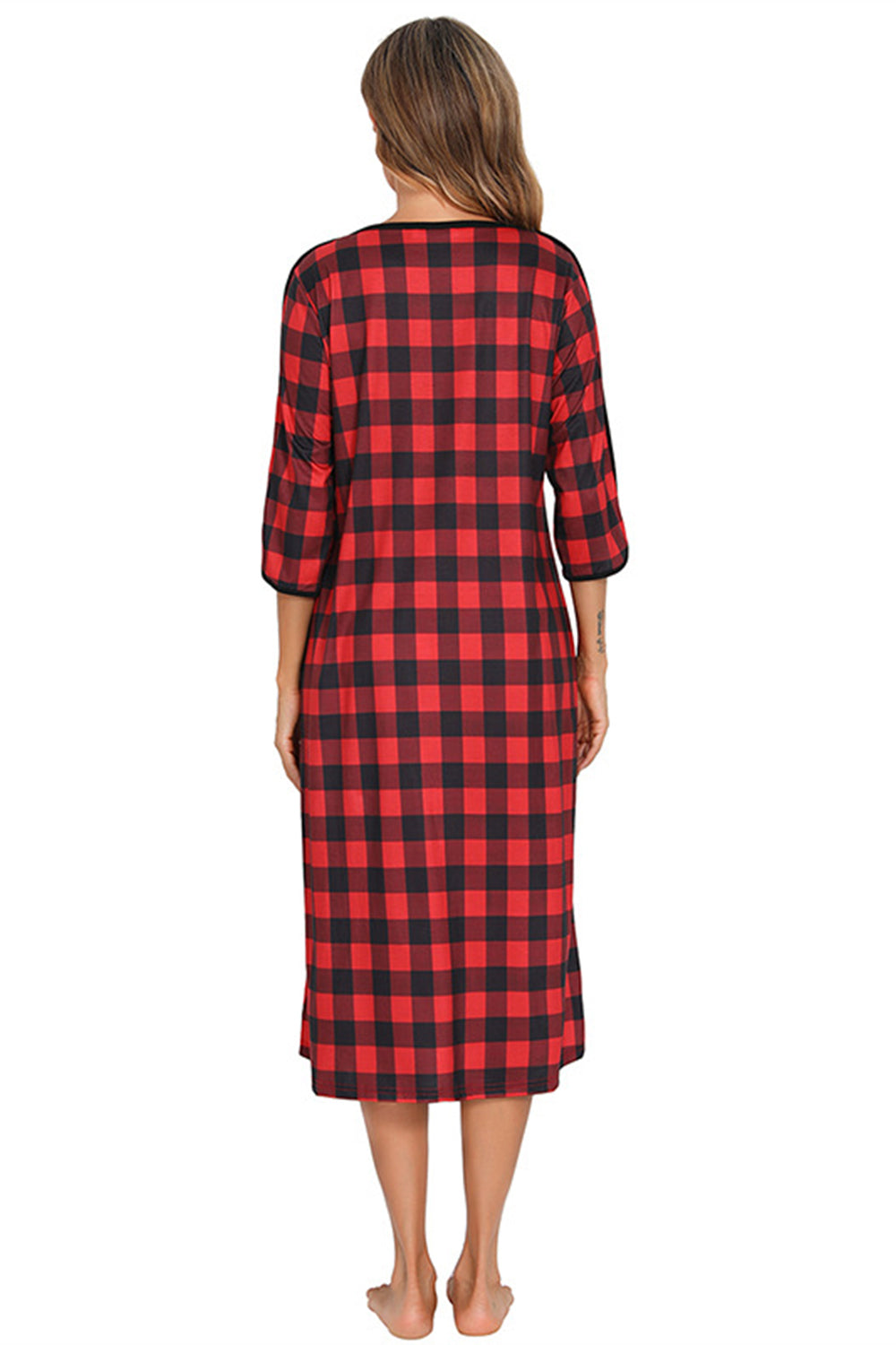 Round Neck Three-Quarter Sleeve Midi Night Dress - Fashorio