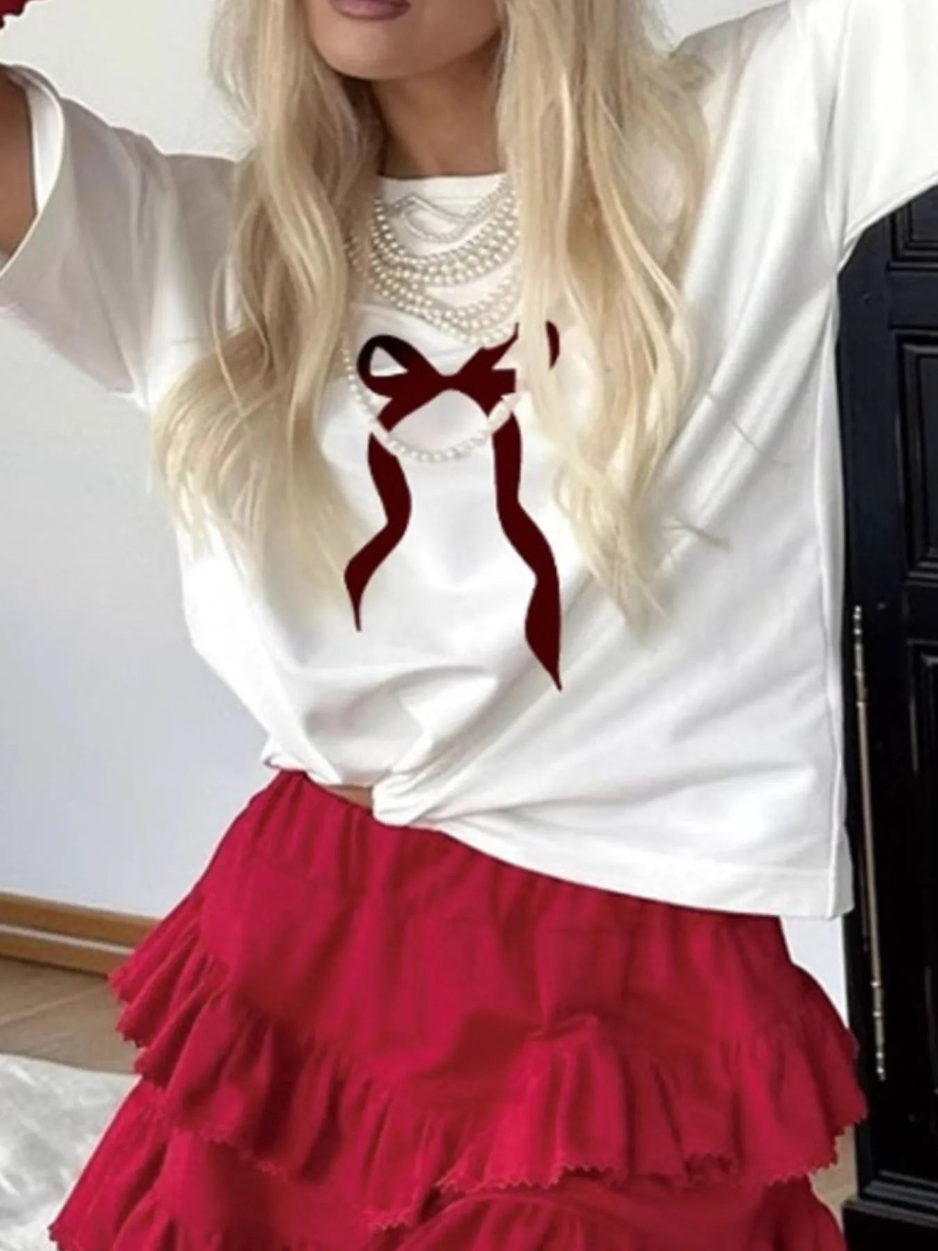 Plus Size Bow Round Neck Short Sleeve T-Shirt - Fashorio