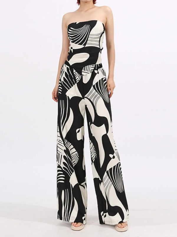 Abstract Print Tube Top and Wide Leg Pants Two-Piece Set Black - Fashorio