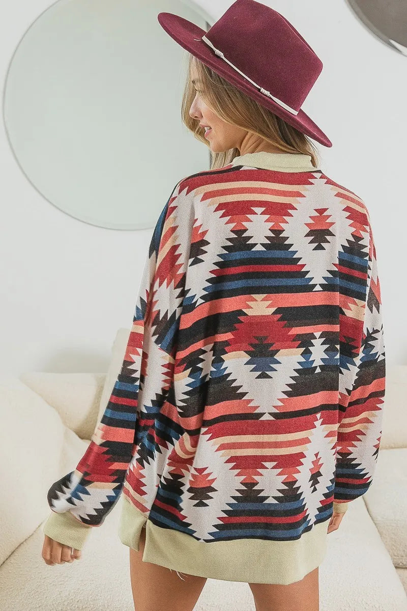 BiBi Aztec Print Mirr Mock Neck Lslv Top - Fashorio