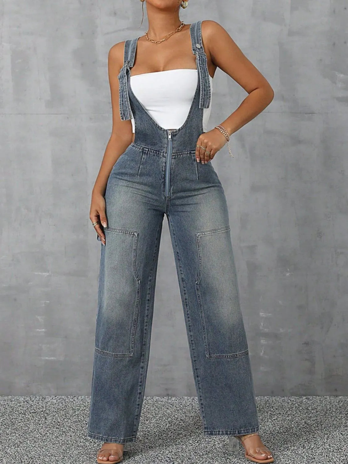 Zip Front Wide Strap Denim Overalls - Fashorio