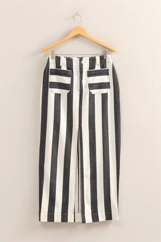 HYFVE Striped Pocket Detail Maxi Skirt BLACK CREAM - Fashorio