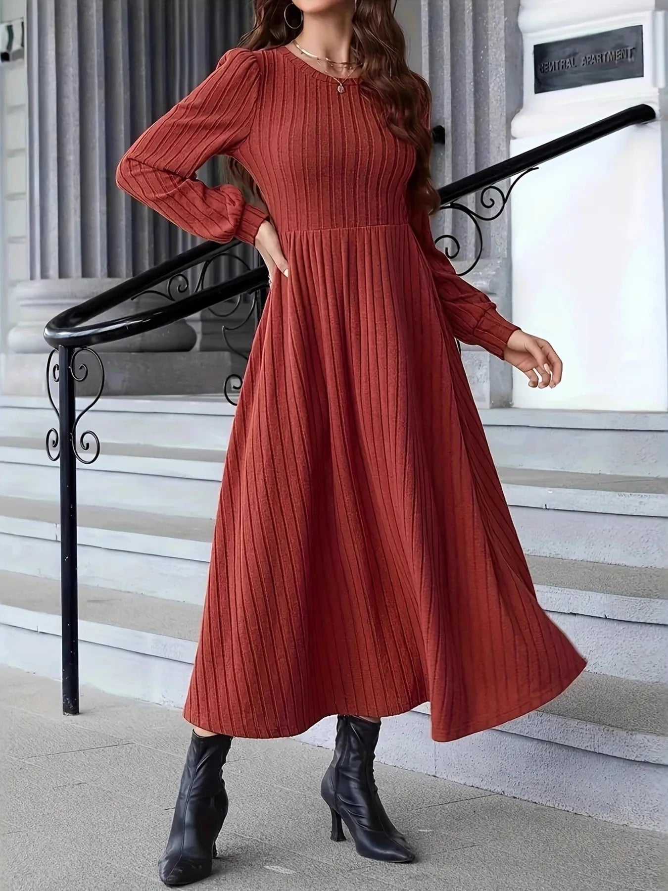 Ribbed Long Sleeve Sweater Dress - Fashorio