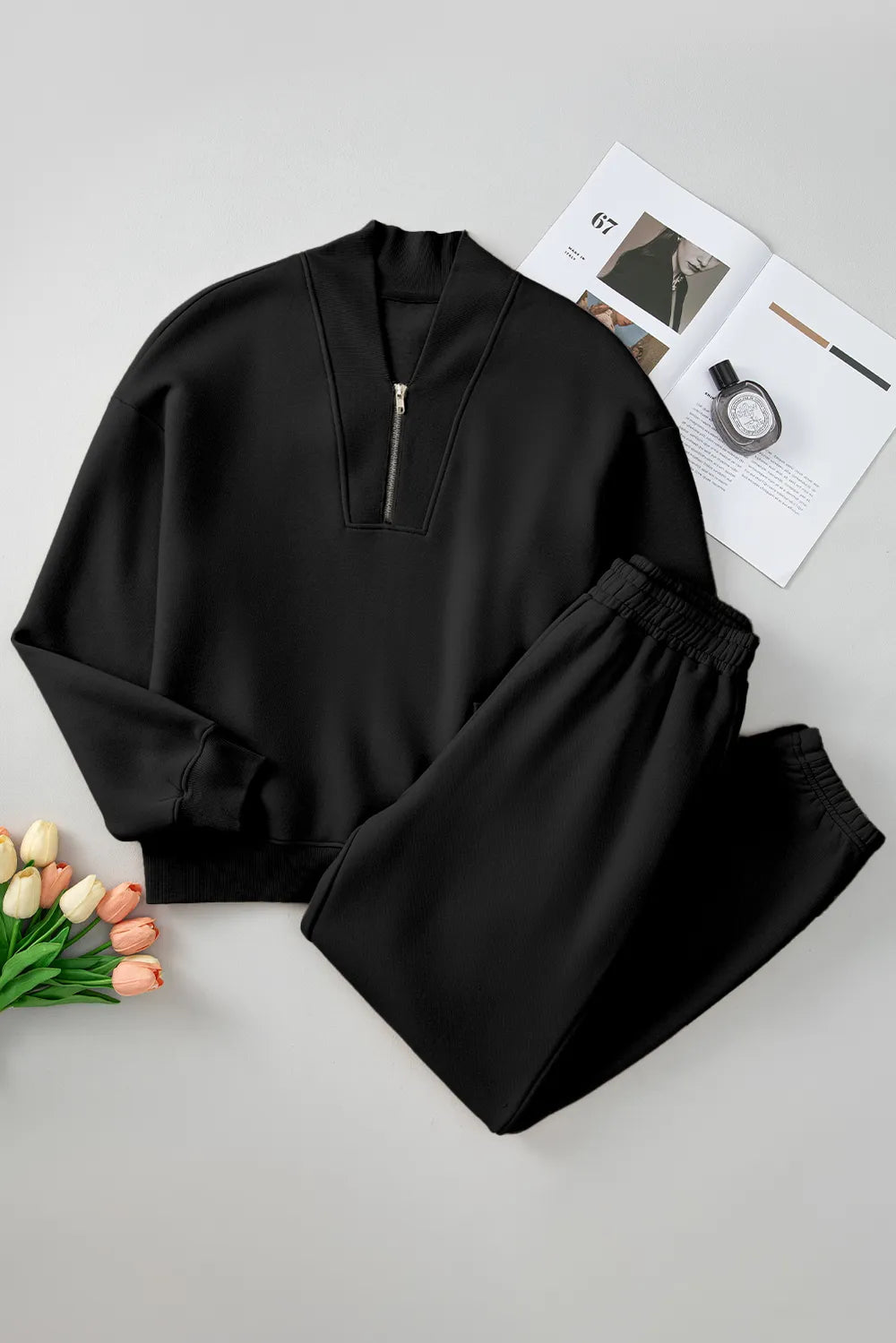 Quarter Zip Long Sleeve Top and Pants Set - Fashorio