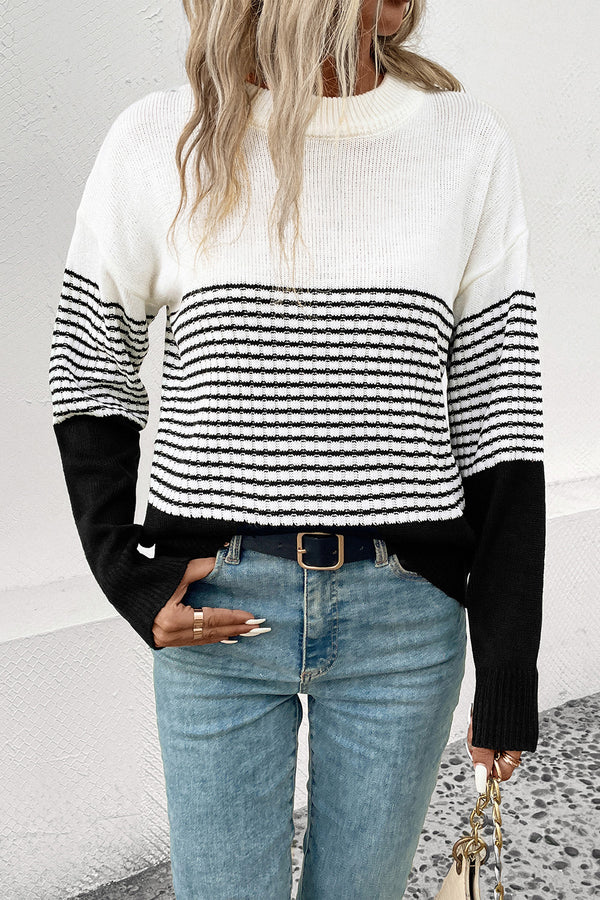 Perfee Striped Drop Shoulder Sweater White - Fashorio
