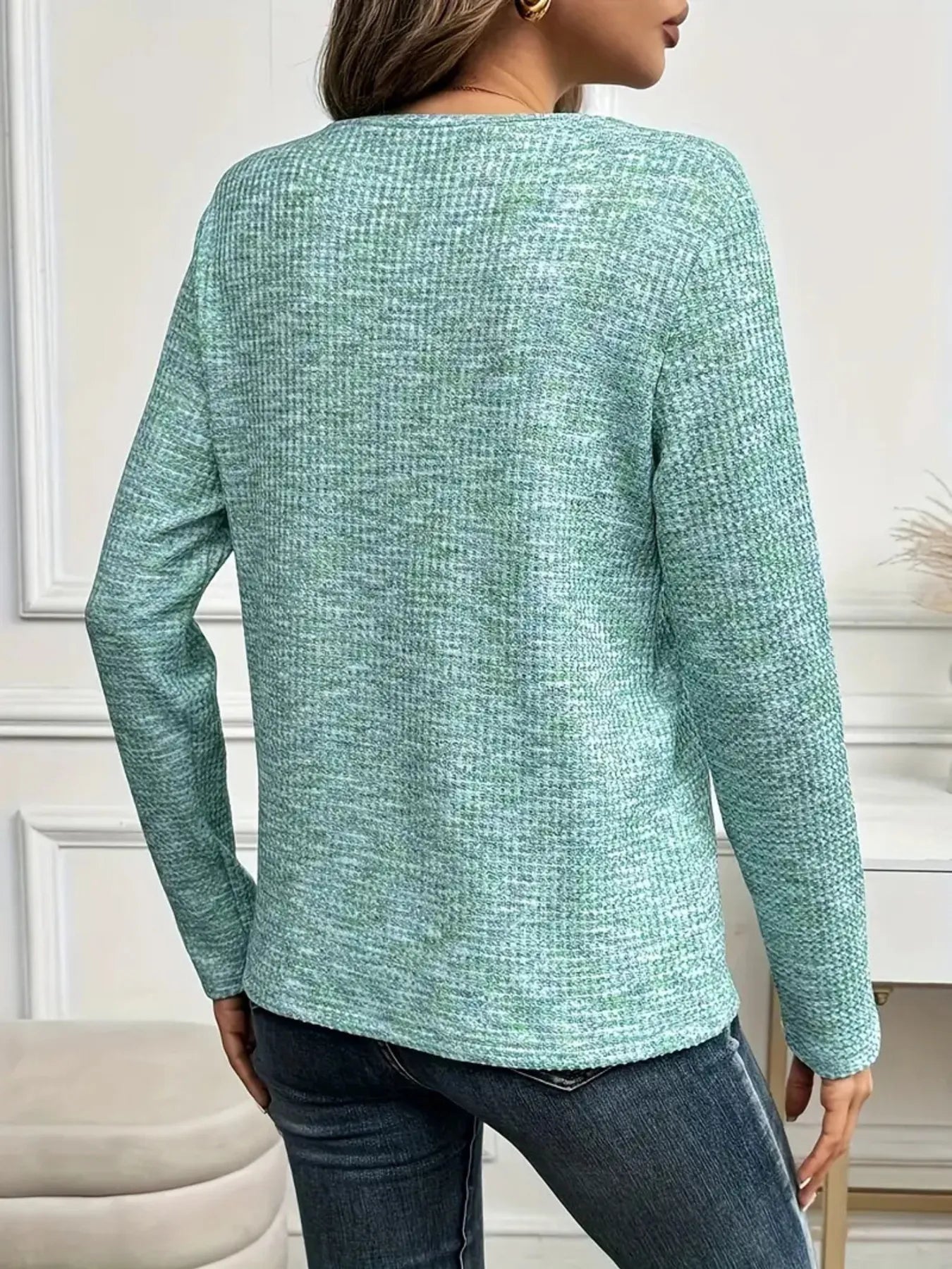 Heathered V-Neck Long Sleeve T-Shirt - Fashorio