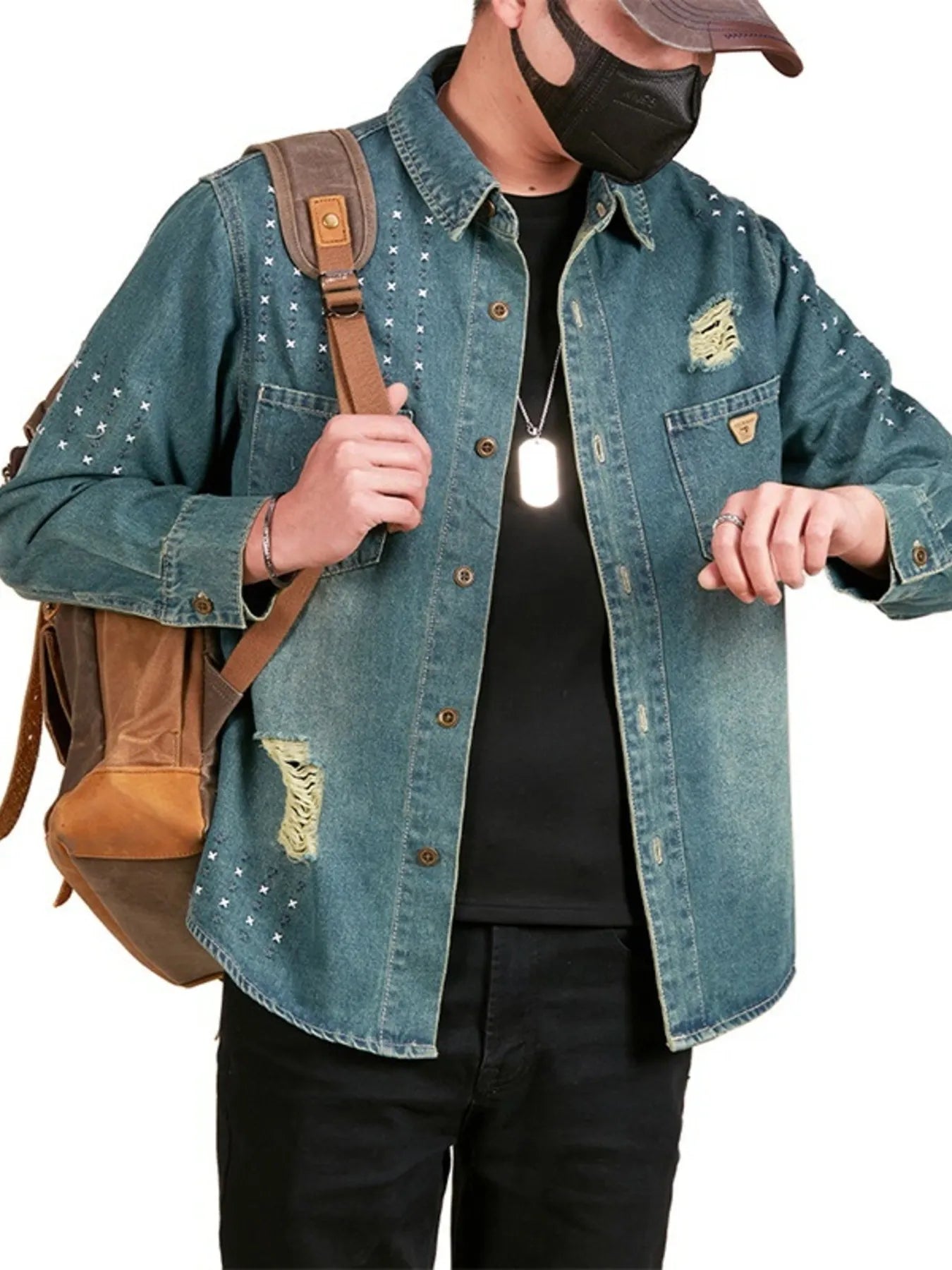 Men's Plus Size Studded Distressed Denim Jacket - Fashorio
