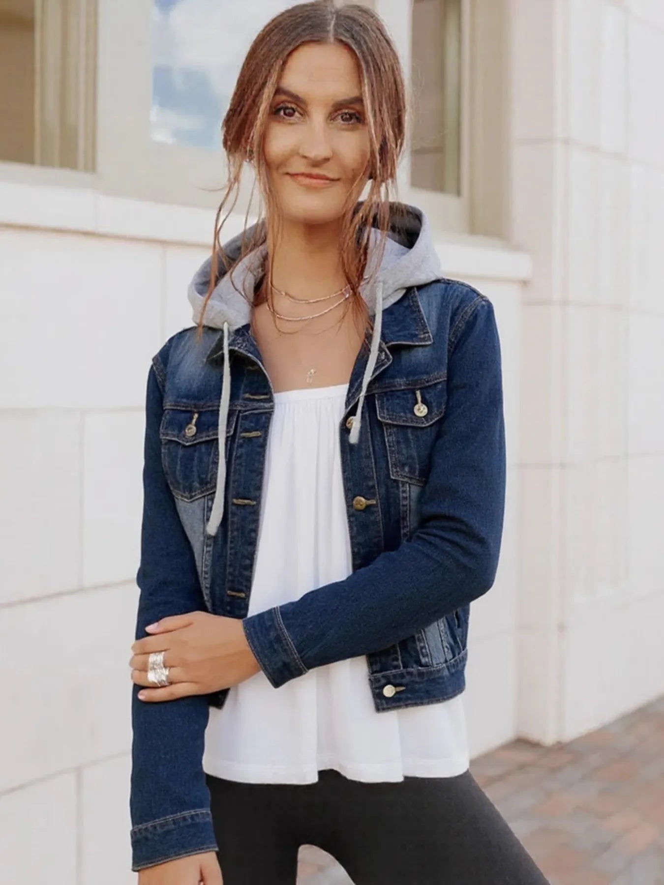 Full Size Button Up Drawstring Hooded Denim Jacket Plus Size - Fashorio