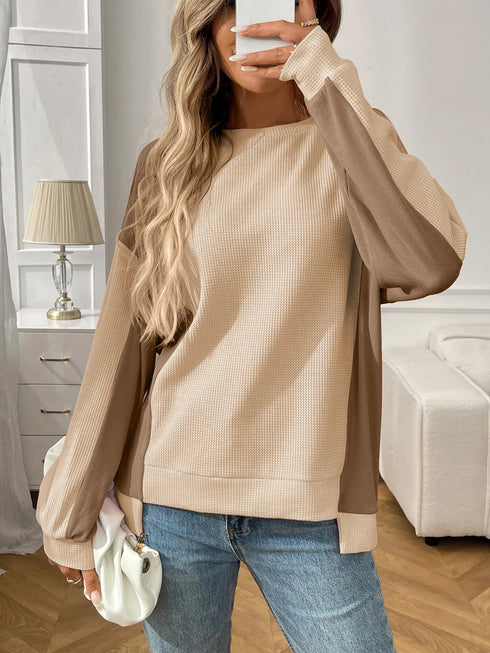 Color Block Long Sleeve Sweatshirt Apricot - Fashorio