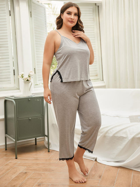 Plus Size Lace Trim Slit Cami and Pants Pajama Set - Fashorio
