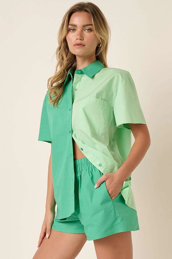 Mittoshop Color Block Short Sleeve Shirt and Shorts Set GREEN MINT - Fashorio