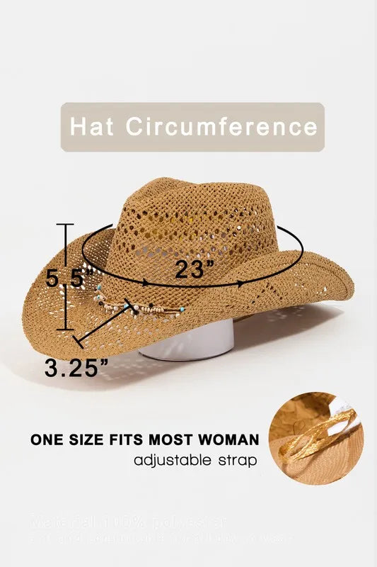Fame Beaded Cowrie Shell Straw Weave Western Cowboy Hat - Fashorio