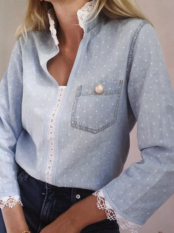 Lace Trim Patchwork Dotted Print Collared Blouse Light Blue - Fashorio