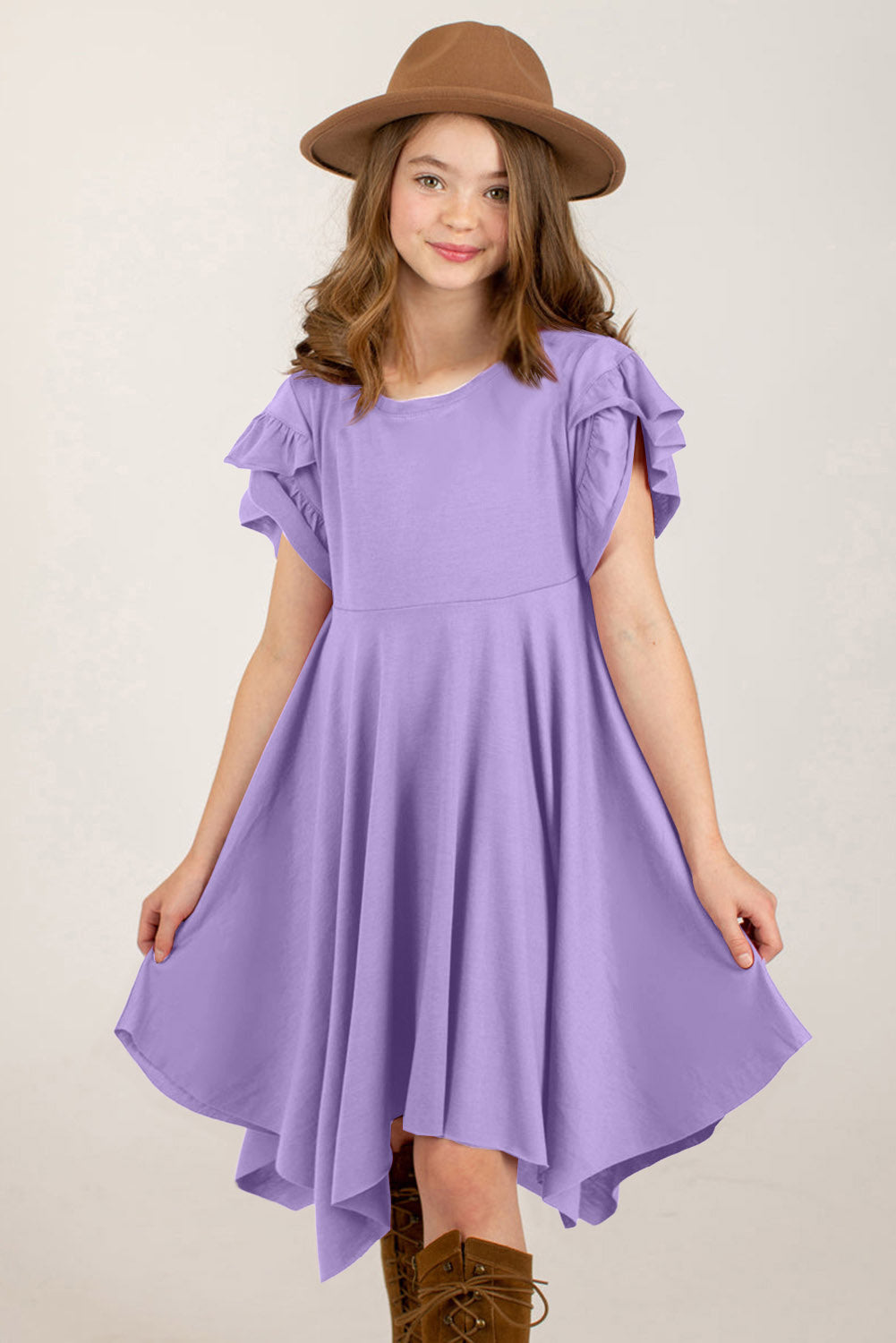 Round Neck Petal Sleeve Dress Lavender - Fashorio