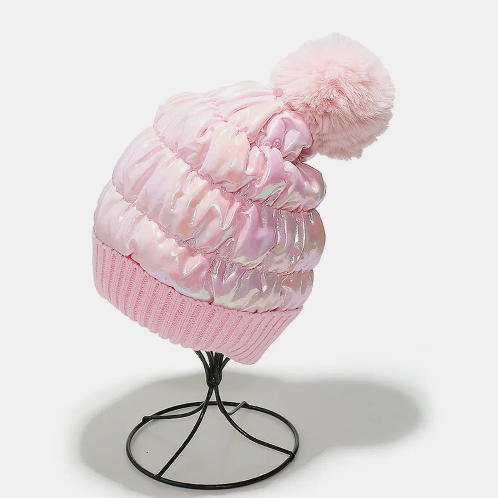 Thermal Knit Hat with Pompom Pink One Size - Fashorio