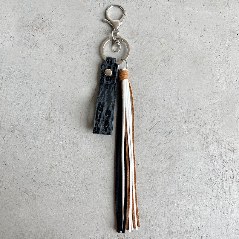 Genuine Leather Tassel Keychain Black One Size - Fashorio