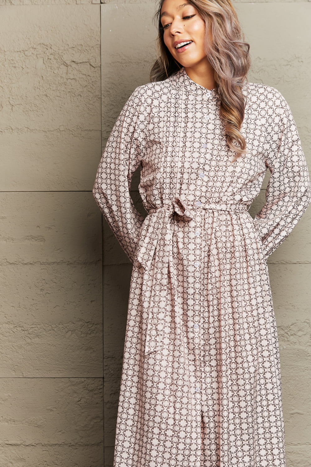 Printed Tie-Waist Long Sleeve Midi Dress – Casual A-Line Style - Fashorio