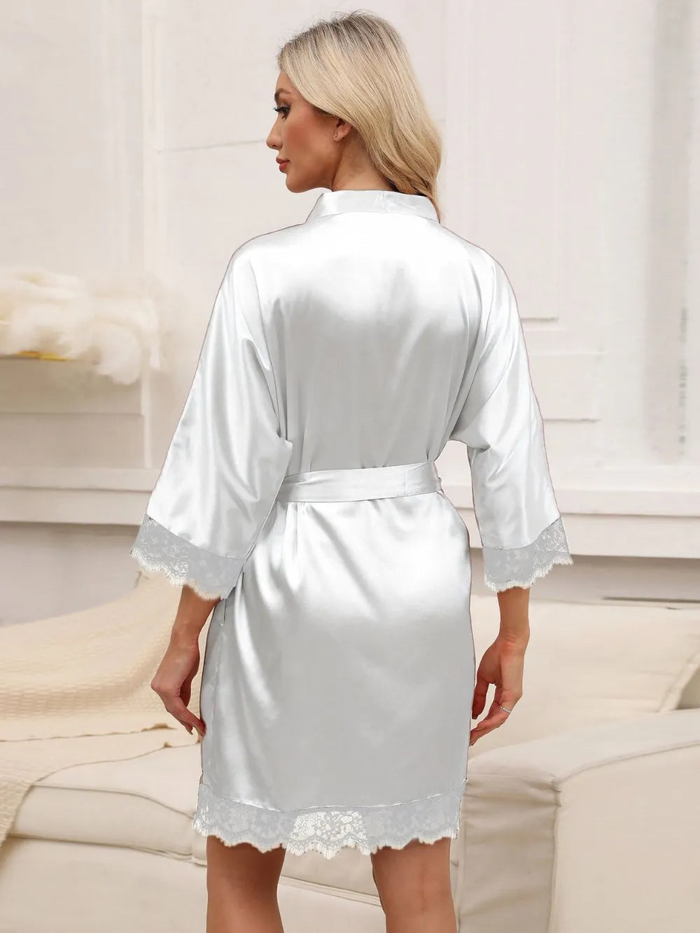 Tied Lace Detail Three-Quarter Sleeve Lounge Nightgown - Fashorio