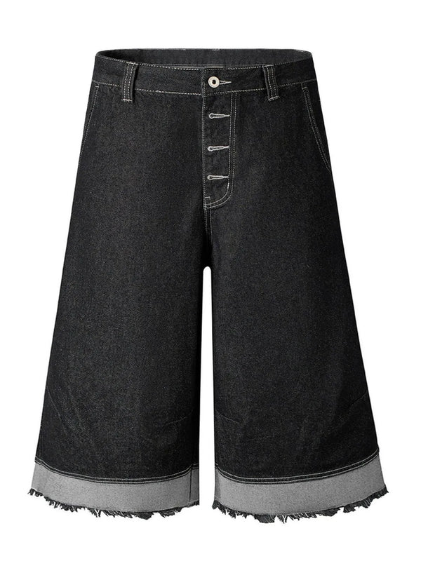 High-Waisted Button-Fly Denim Shorts Black - Fashorio