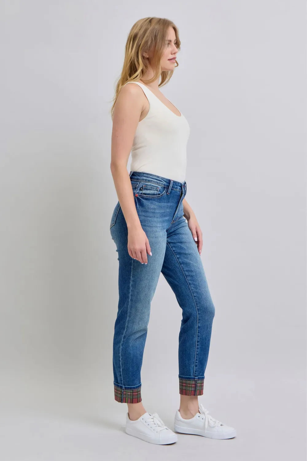 Judy Blue Full Size Plaid Print Cuff Straight Leg Jeans with Pockets - Fashorio