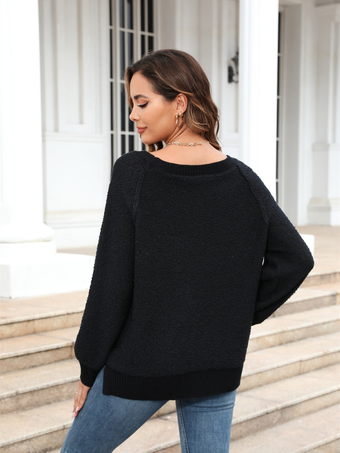Angel Wings Round Neck Ribbed Trim Sweater - Fashorio