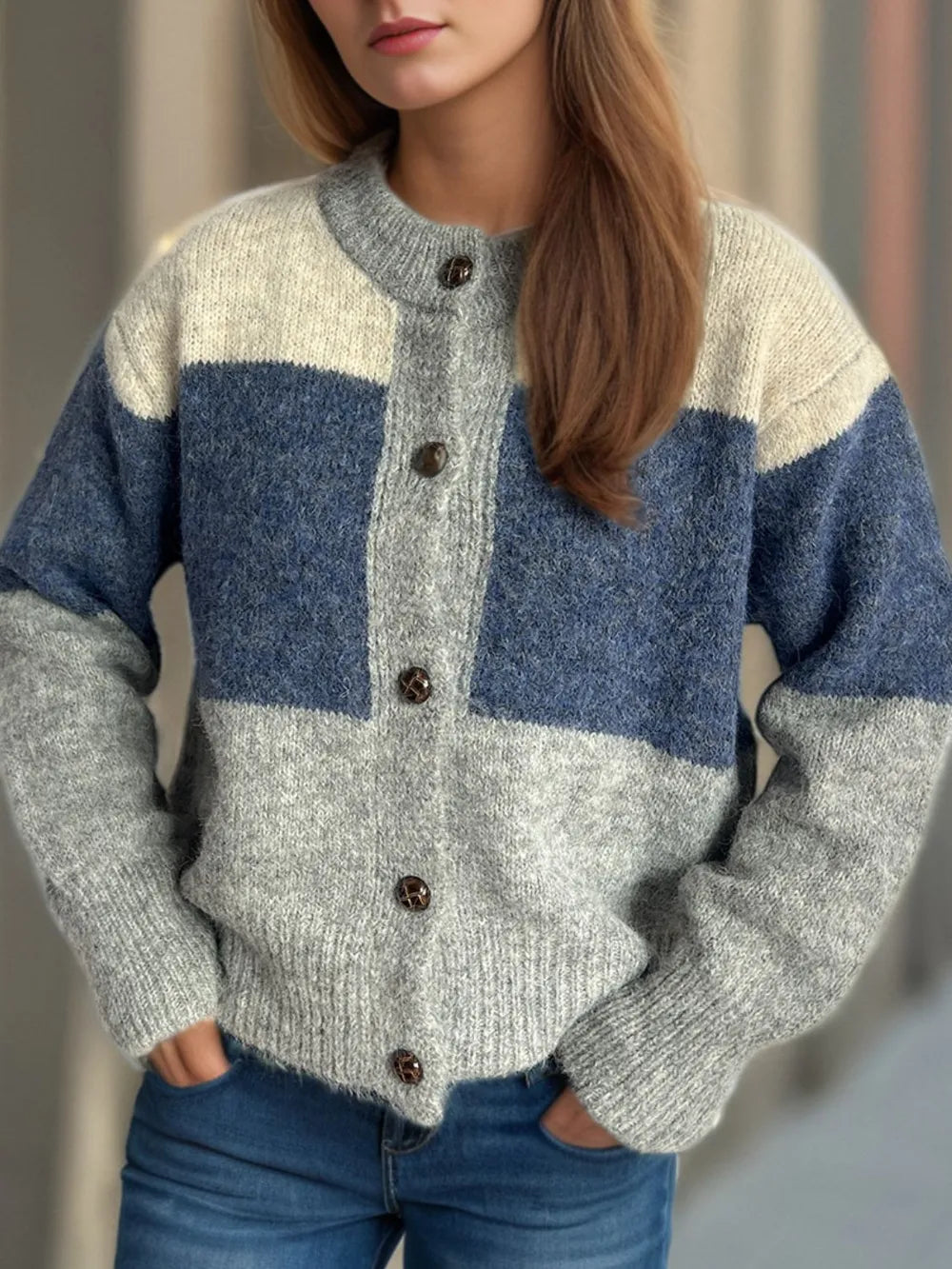 Color Block Round Neck Button Up Cardigan - Fashorio