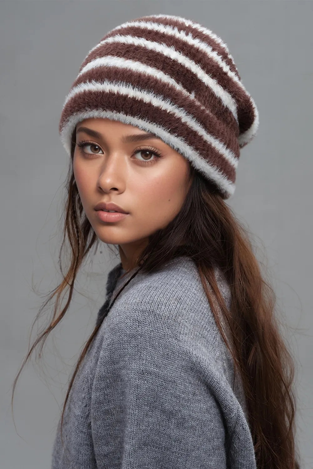 Fuzzy Contrast Striped Thermal Hat Brown White One Size - Fashorio