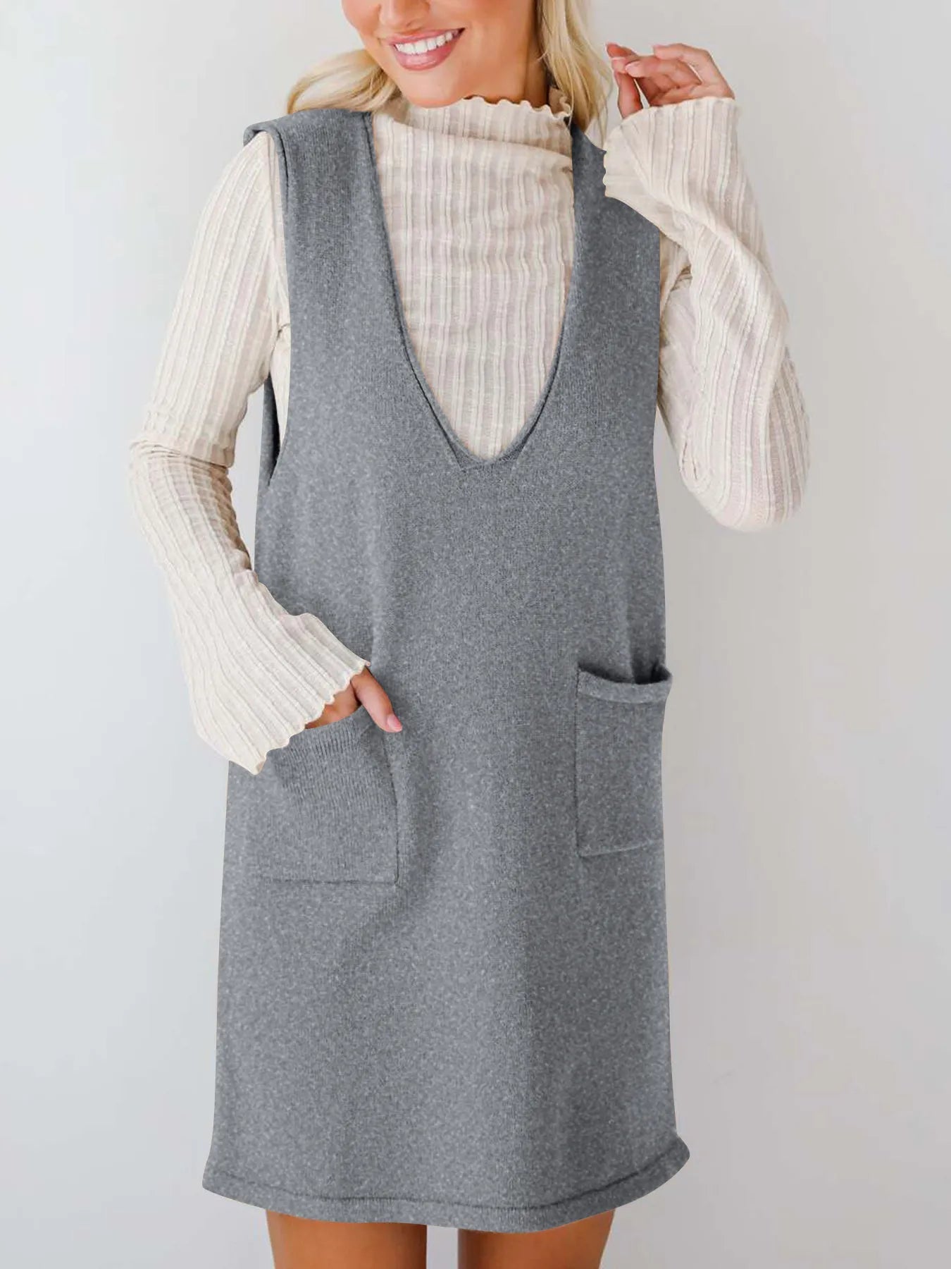 Sleeveless Knit Dress with Pockets Gray - Fashorio