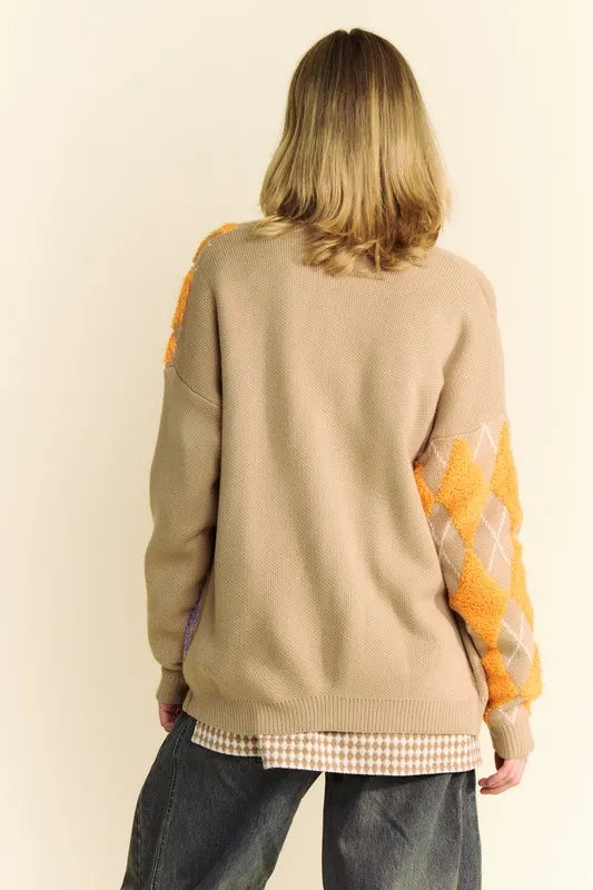 Davi & Dani Argyle V-Neck Dropped Shoulder Cardigan - Fashorio