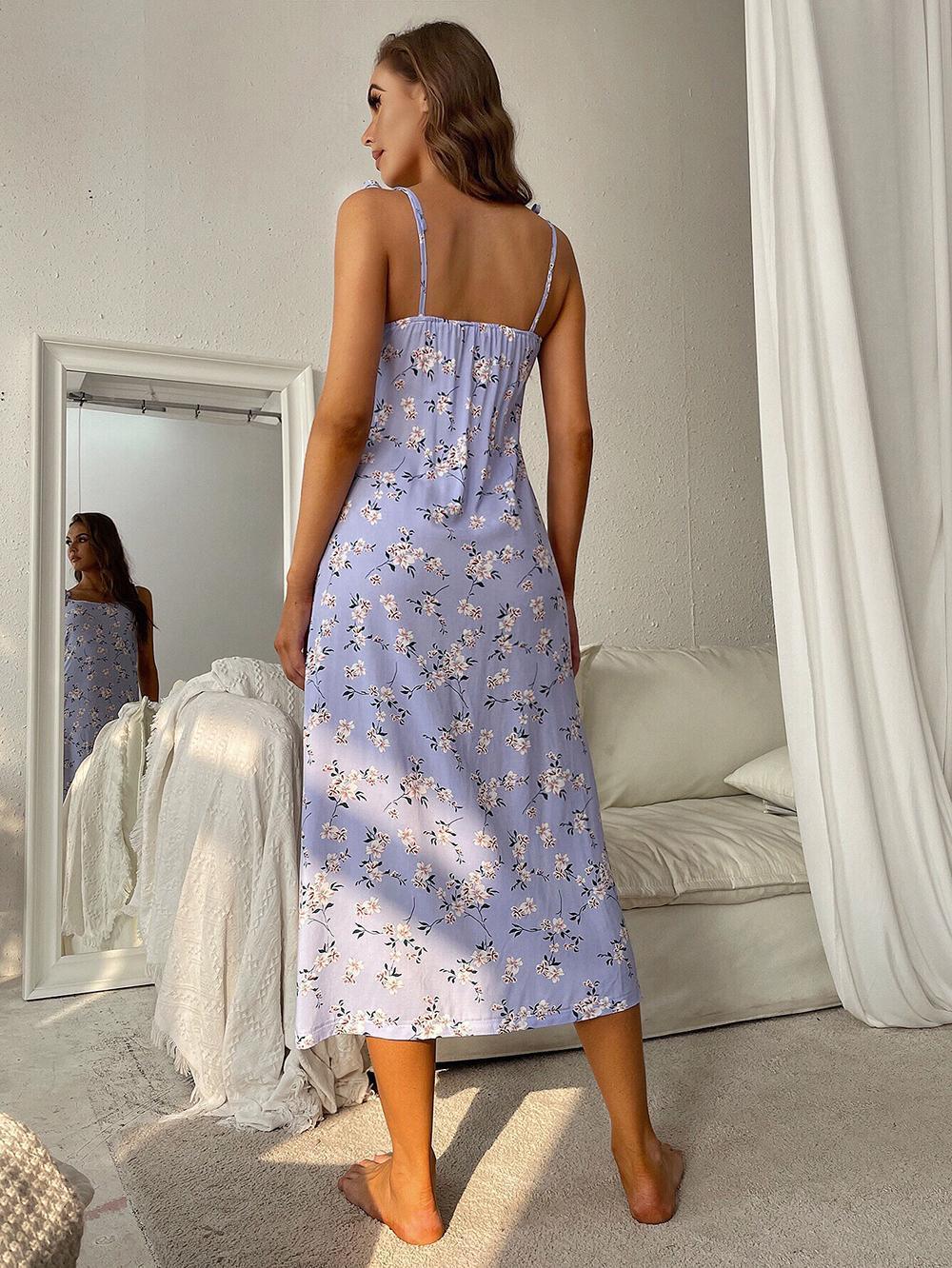 Printed Tie Shoulder Midi Night Dress - Fashorio