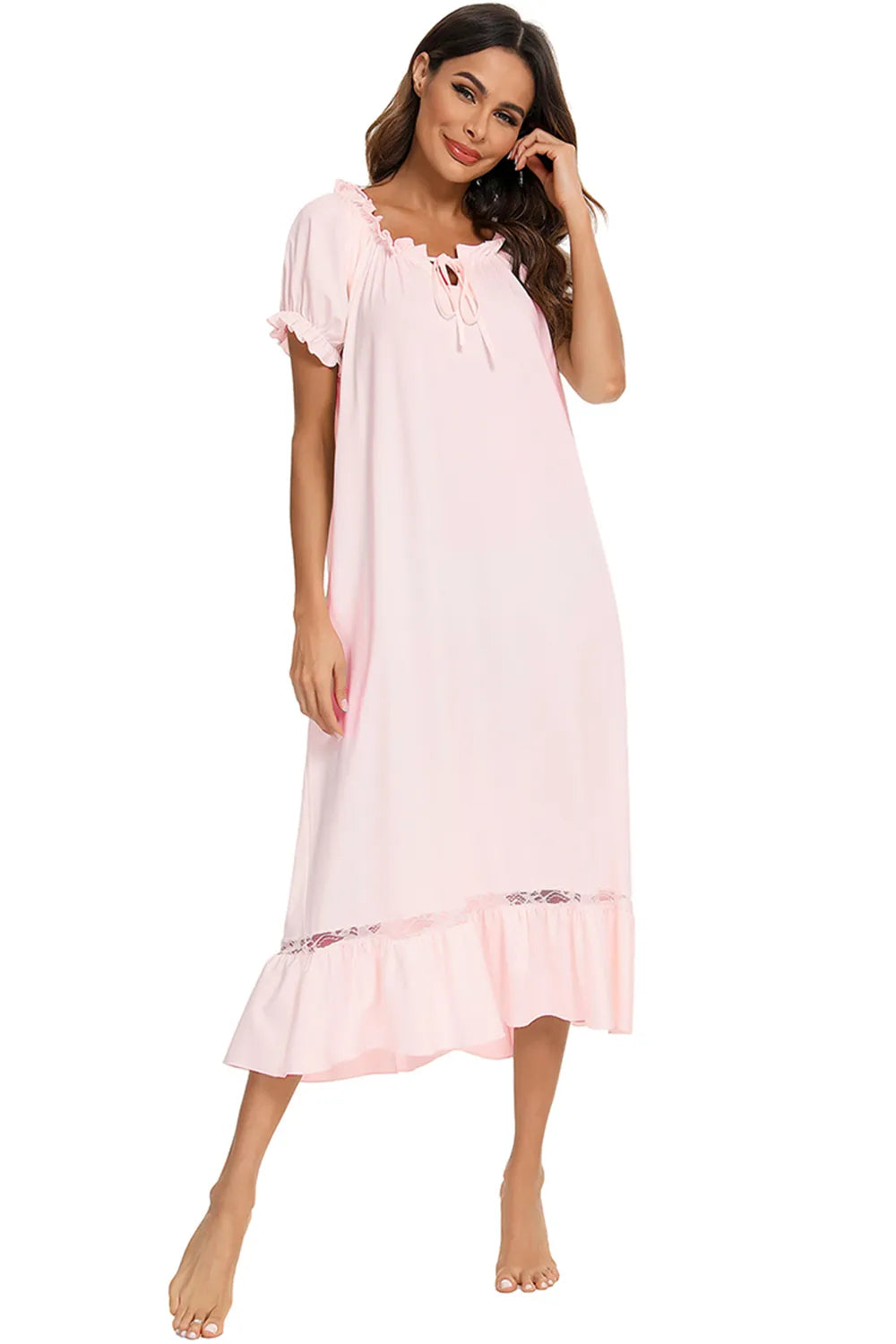 Lace Detail Short Sleeve Lounge Dress - Fashorio