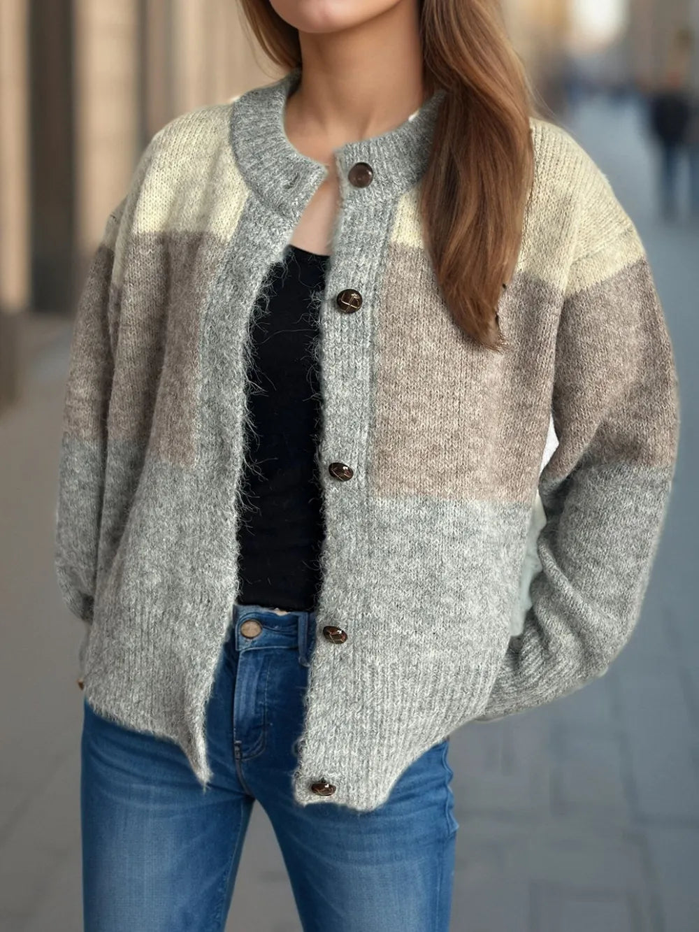 Color Block Round Neck Button Up Cardigan - Fashorio