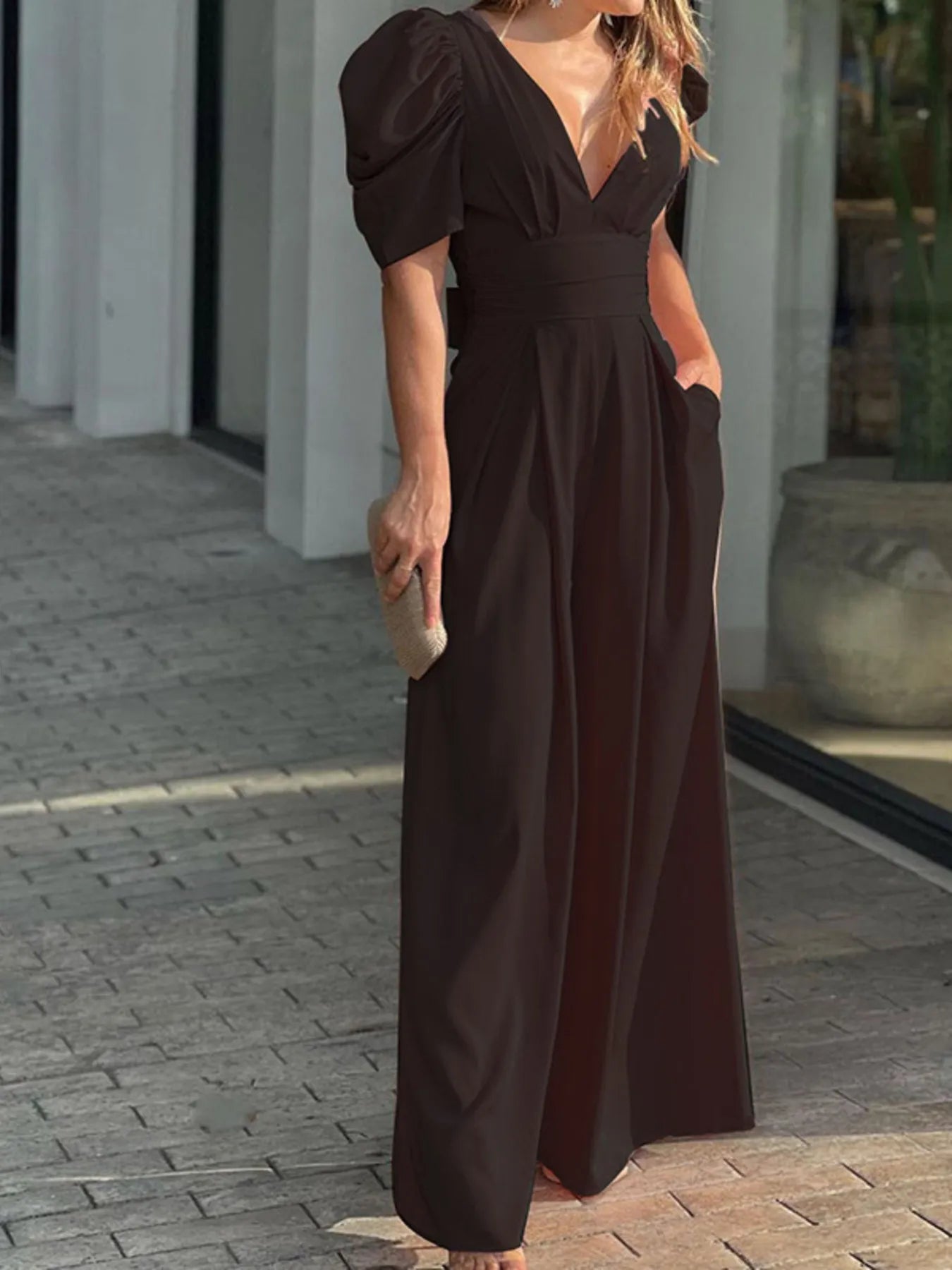 Full Size Cutout V-Neck Puff Sleeve Jumpsuit Plus Size Black - Fashorio