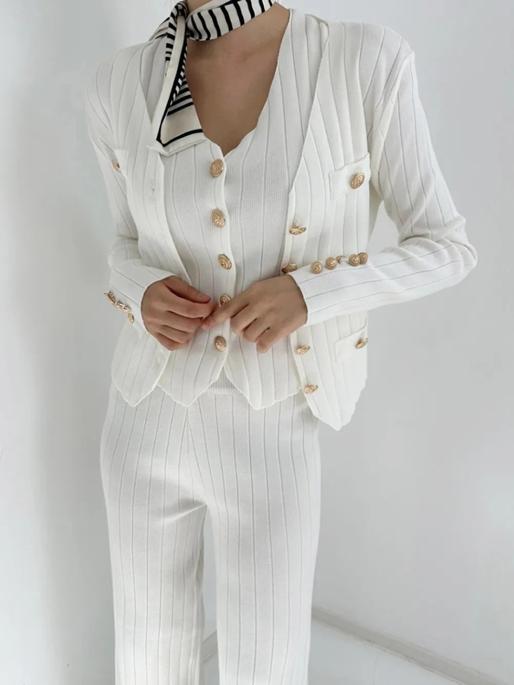 V-Neck Tank, Cardigan and Pants Three-Piece Sweater Set - Fashorio