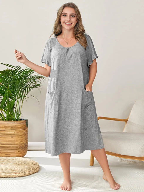 Plus Size Round Neck Short Sleeve Lounge Dress - Fashorio