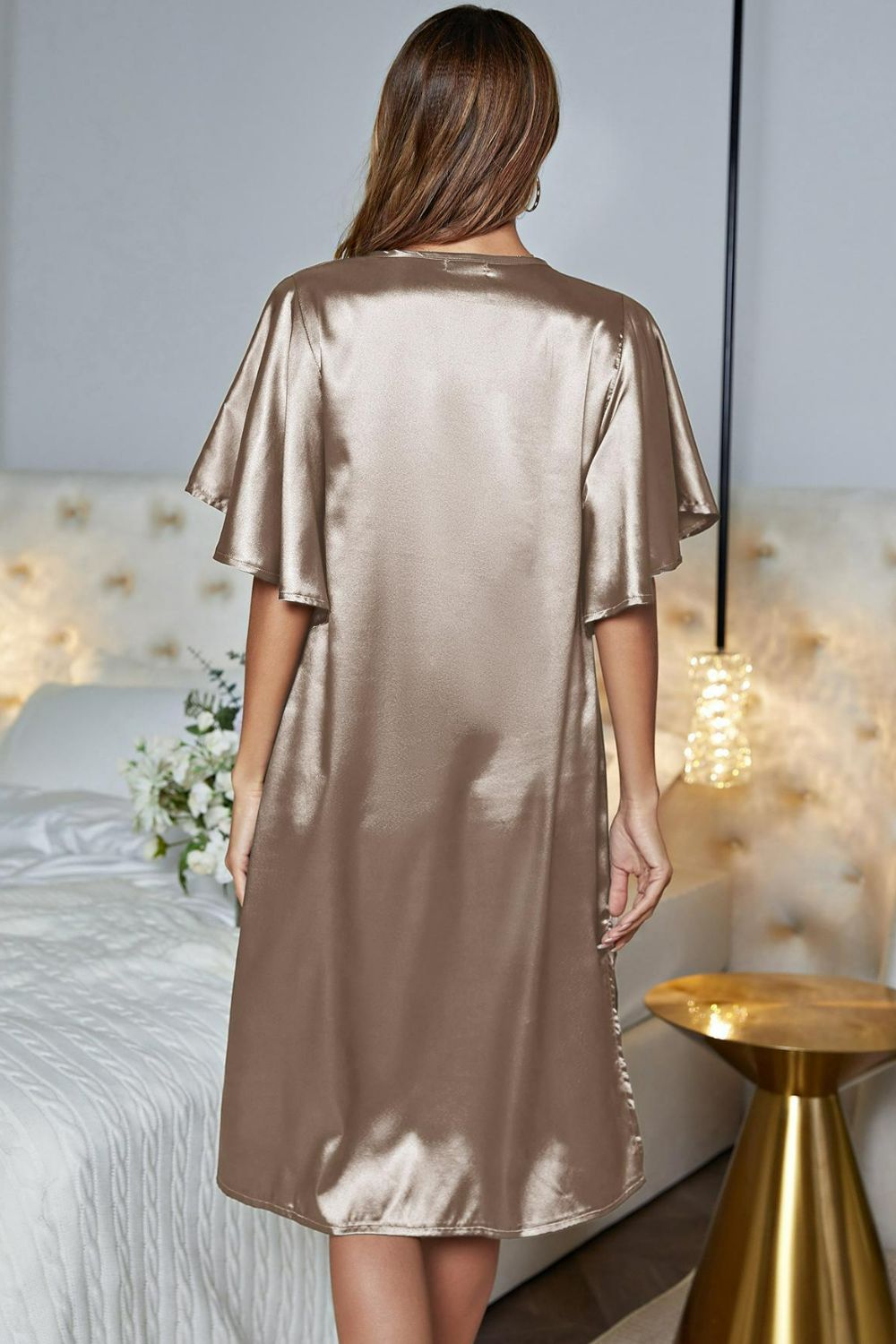 Satin Flutter Sleeve Side Slit V-Neck Night Dress - Fashorio
