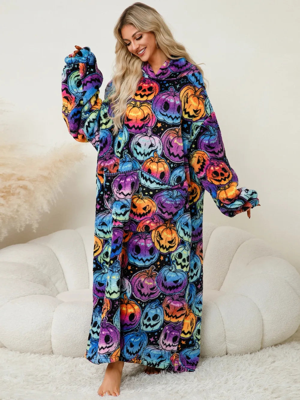 Fuzzy Pocketed Long Sleeve Hooded Lounge Dress - Fashorio