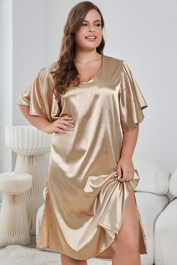 Plus Size Flutter Sleeve V-Neck Side Slit Night Gown Golden - Fashorio