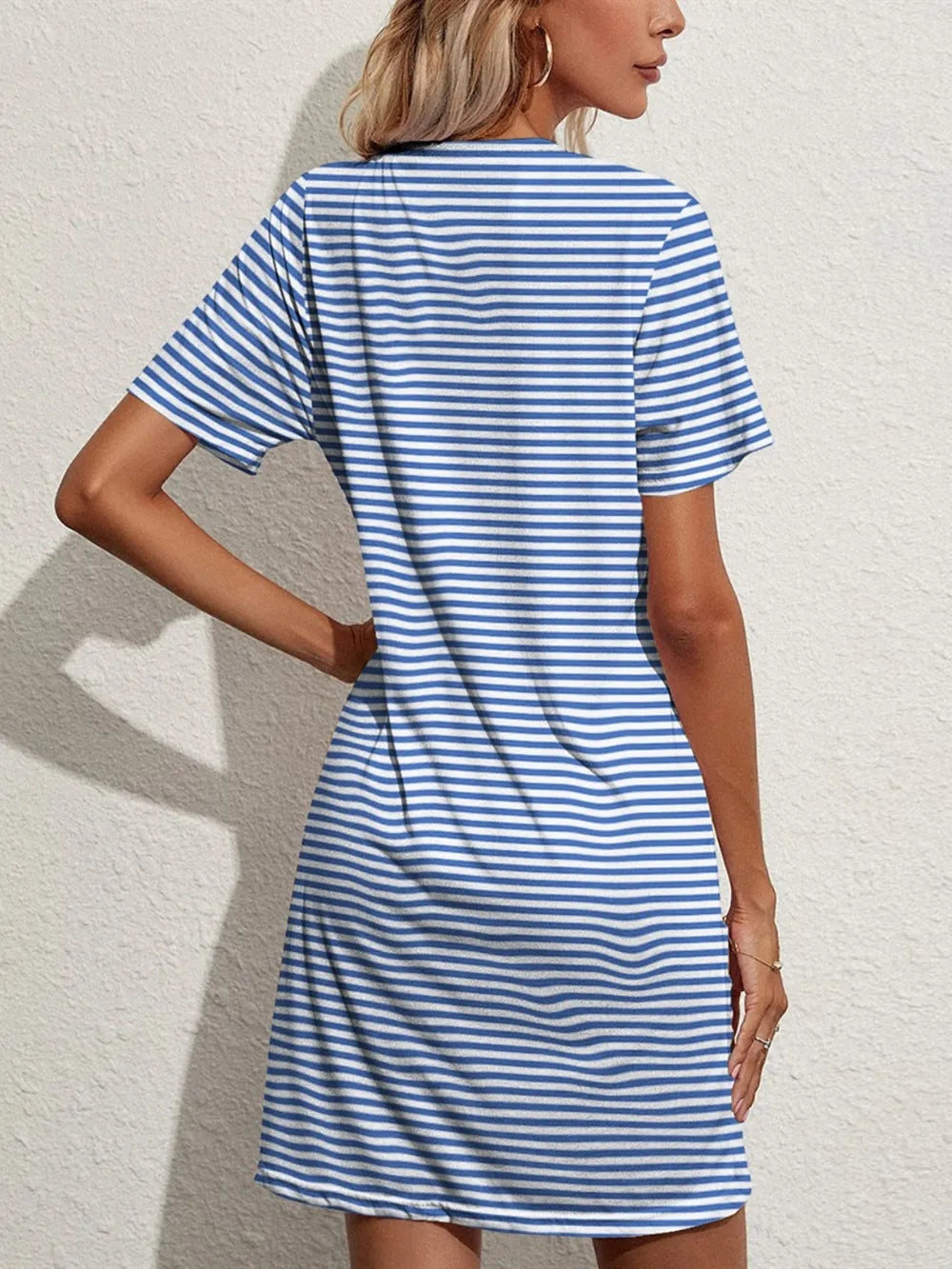 Striped Round Neck Pocket Dress – Casual Short Sleeve Look - Fashorio