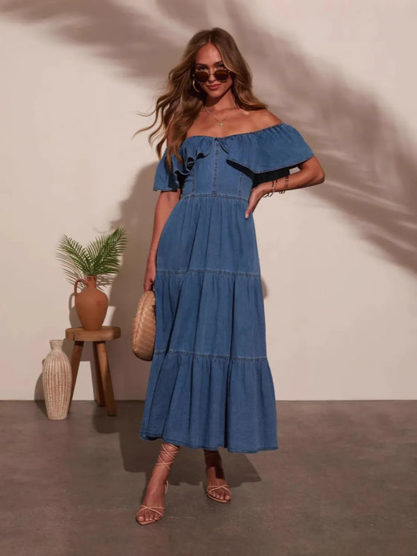 Off Shoulder Ruffle Tiered Denim Dress Dark Blue - Fashorio