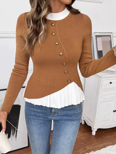 Decor Button Contrast Hem Knit Top - Fashorio