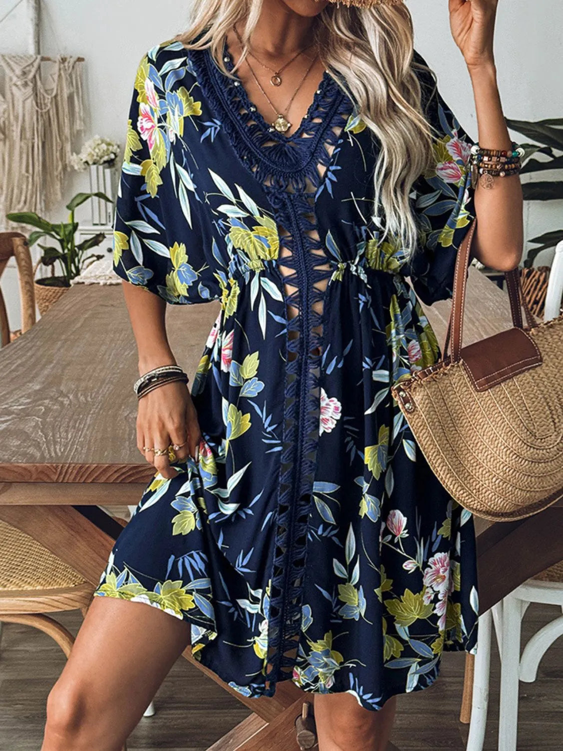 Crochet Front V-Neck Printed Cover-Up - Fashorio