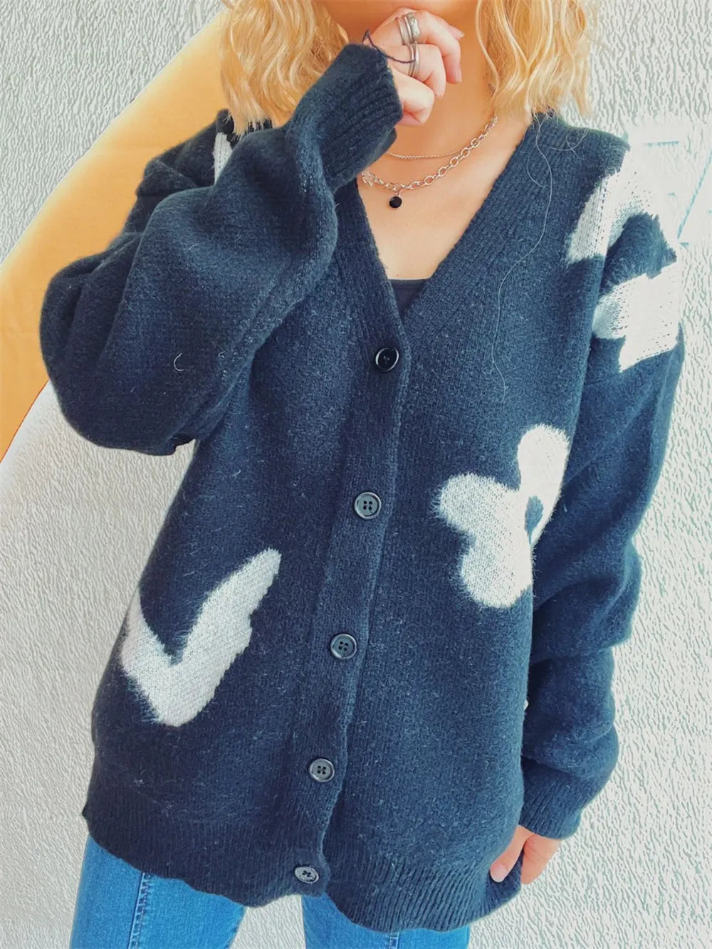 Flower Button Down V-Neck Long Sleeve Cardigan - Fashorio